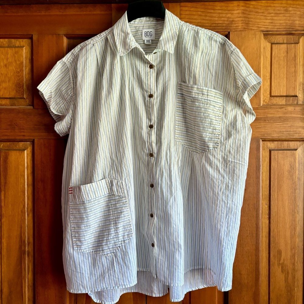 BDG Urban Outfitters striped cap sleeve oversized button up shirt blouse Medium